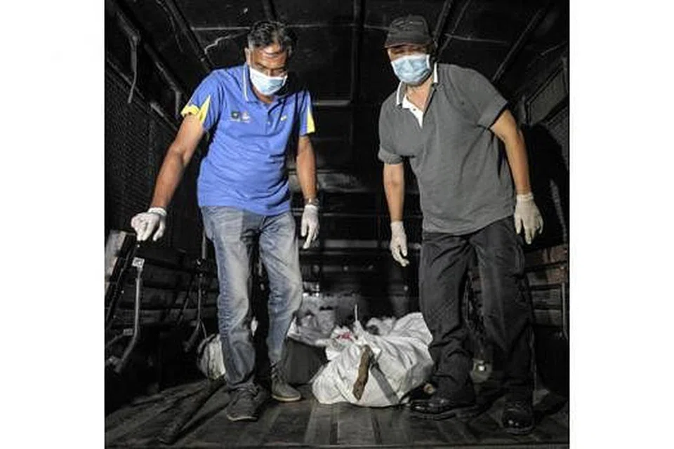 DIBAWA NAIK TRAK: Kakitangan Polis Diraja Malaysia (PDRM) membawa rangka manusia, dipercayai mangsa pemerdagangan manusia, ke dalam trak polis. - Foto AFP