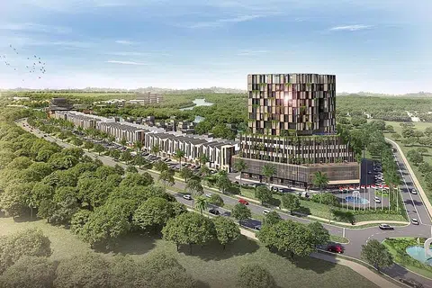 KOTA DIGITAL BARU: Inilah gambaran Nongsa D-Town, kota digital baru yang direka oleh Surbana Jurong seluas 62 hektar dan terletak di Batam. Tempat ini dijangka mampu menampung 8,000 pekerja dan keperluan mereka termasuk tempat tinggal, pusat latihan digital, menara pejabat, pusat gaya hidup dan hotel. - Foto SINAR MAS LAND