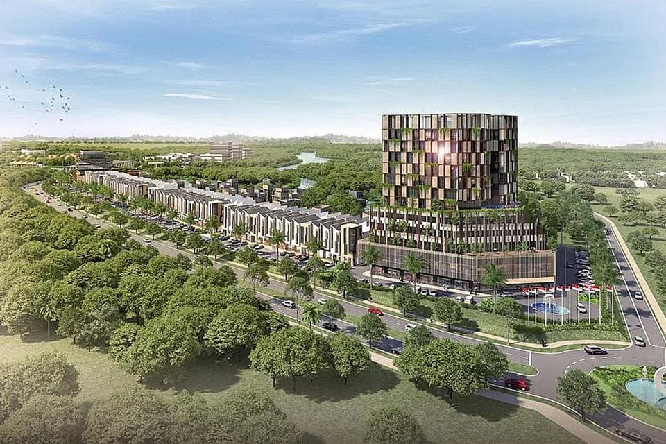 KOTA DIGITAL BARU: Inilah gambaran Nongsa D-Town, kota digital baru yang direka oleh Surbana Jurong seluas 62 hektar dan terletak di Batam. Tempat ini dijangka mampu menampung 8,000 pekerja dan keperluan mereka termasuk tempat tinggal, pusat latihan digital, menara pejabat, pusat gaya hidup dan hotel. - Foto SINAR MAS LAND