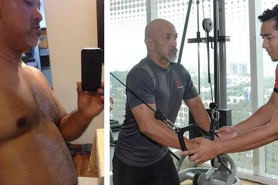 DULU DAN SEKARANG: Selepas memilih diet lebih seimbang dan menjalani gaya hidup sihat dengan bersenam, Encik Abdul Hamid Omar (gambar utama, kiri), yang mendapatkan bimbingan jurulatih peribadi, kini mempunyai berat badan sekitar 74 kilogram. Bentuk tubuhnya juga jauh berbeza daripada lelaki buncit (gambar sisipan) yang mencecah berat 120 kilogram dan menghidap kencing manis serta tekanan darah dan kolesterol tinggi. - Foto ihsan ABDUL HAMID OMAR