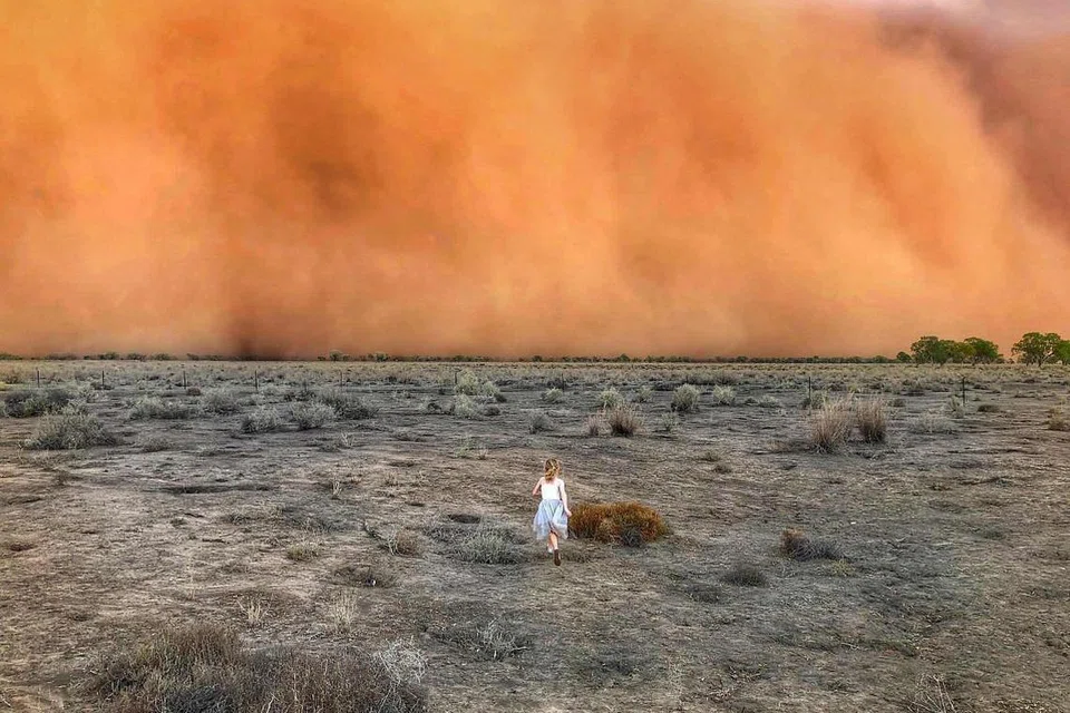 BEBERAPA KAWASAN AUSTRALIA DILANDA RIBUT DEBU: Seorang kekanak perempuan sedang menuju ke arah ribut debu di Mullengudgery, New South Wales pada 17 Januari. -Foto: MARCIA MACMILLAN/AFP