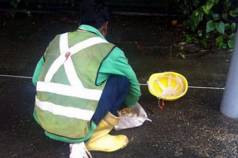 PEMANDANGAN YANG PELIK: Gambar yang dipetik Encik Andriko Ali dan dimuat naik di Facebooknya ini menunjukkan seorang pekerja asing yang menyangkung sambil makan tengah hari. Beliau enggan duduk di pusat perhentian bas kerana tidak mahu mengotorkan tempat duduk perhentian bas itu.