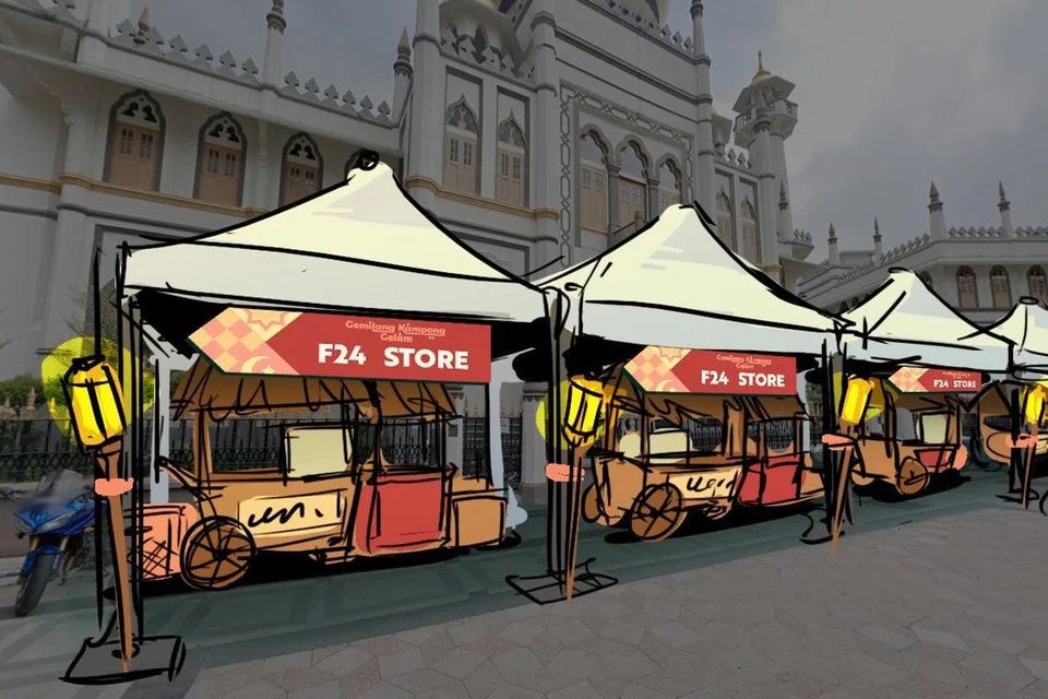 Lakaran gerai makanan dan minuman di bazar Kampong Gelam 2025, yang berkonsepkan kedai tolak, di hadapan Masjid Sultan. Bazar kali ini akan berlangsung selama 35 hari dari 19 Februari hingga 25 Mac.