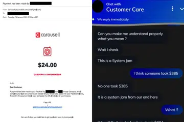 PENIPUAN E-DAGANG: Contoh e-mel pancingan data yang meminta mangsa 'mengesahkan' pembayaran kepada akaun PayNow mangsa menerusi CarouPay (gambar kiri) dan contoh penipu menyamar sebagai khidmat pelanggan Carousell (gambar kanan) untuk mendapat butiran perbankan mangsa. - Foto-foto SPF