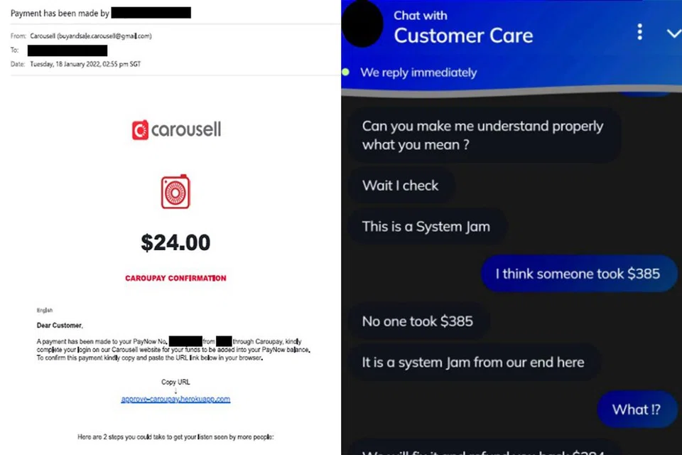 PENIPUAN E-DAGANG: Contoh e-mel pancingan data yang meminta mangsa 'mengesahkan' pembayaran kepada akaun PayNow mangsa menerusi CarouPay (gambar kiri) dan contoh penipu menyamar sebagai khidmat pelanggan Carousell (gambar kanan) untuk mendapat butiran perbankan mangsa. - Foto-foto SPF