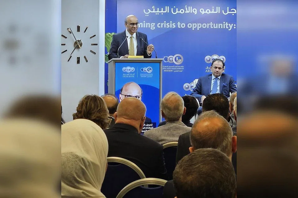 REFORMASI KEWANGAN GLOBAL: Encik Tharman Shanmugaratnam mengupas tentang reformasi kewangan global dalam satu ceramah anjuran Yayasan Shoman di Amman, Jordan pada 14 Mei lalu. - Foto MFA