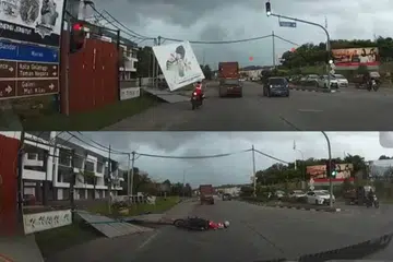 Detik tatkala papan tanda tercabut lalu beterbangan dan menghempap penunggang motosikal wanita di persimpangan lampu isyarat Tok Gajah pada 2 Februari.