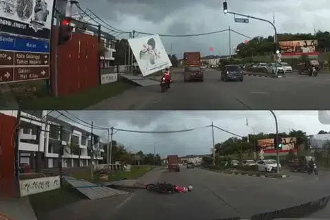 Detik tatkala papan tanda tercabut lalu beterbangan dan menghempap penunggang motosikal wanita di persimpangan lampu isyarat Tok Gajah pada 2 Februari.