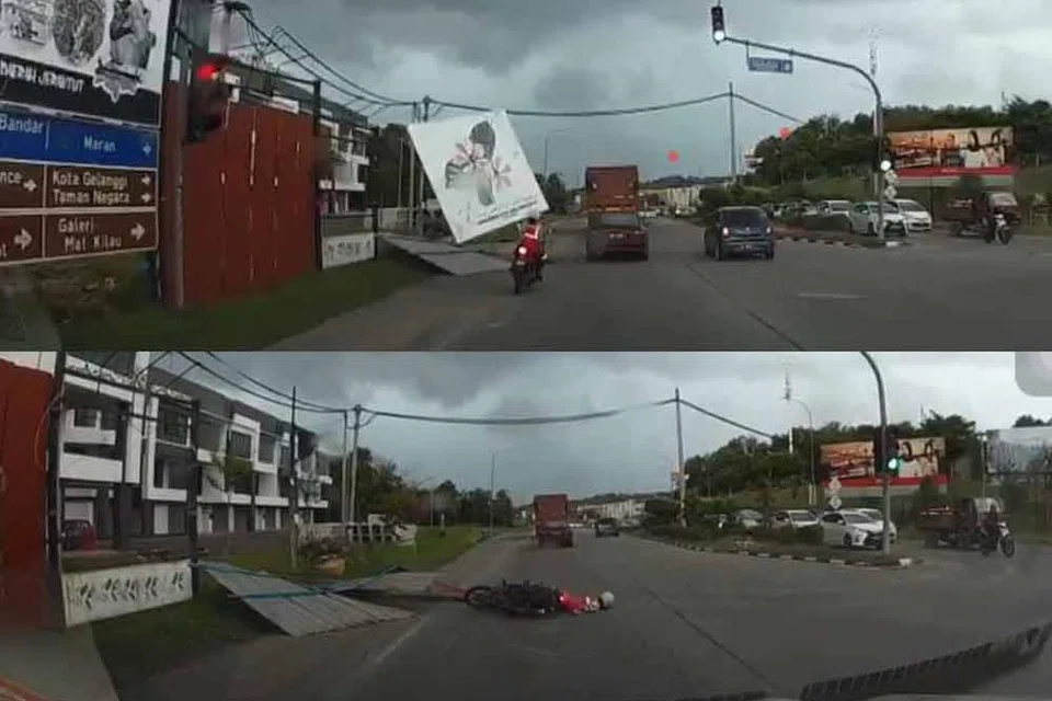 Detik tatkala papan tanda tercabut lalu beterbangan dan menghempap penunggang motosikal wanita di persimpangan lampu isyarat Tok Gajah pada 2 Februari.