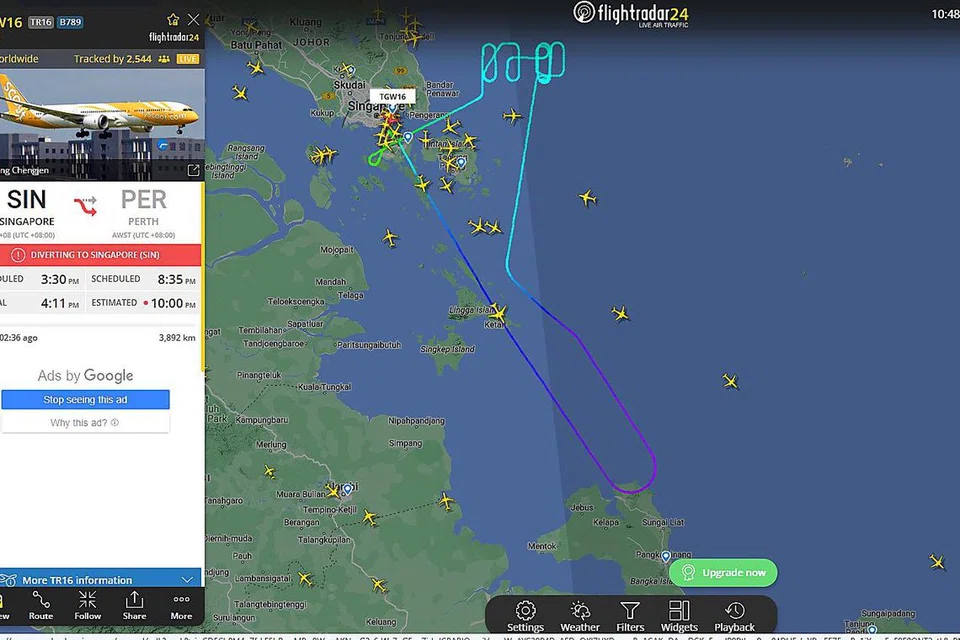 ANCAMAN BOM: Pesawat Scoot ke Perth buat pusingan sebelum kembali ke Singapura ekoran ancaman bom. - Foto Flightradar24