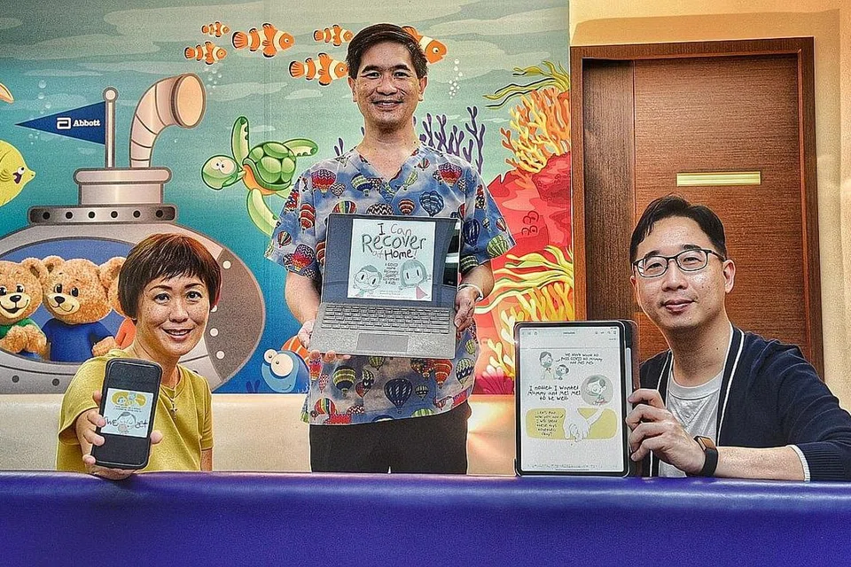 FAHAMI PROSES PEMULIHAN: 'What Do I Do If I'm Covid Positive?' (paling atas dan paling bawah) adalah e-buku kedua karya Emily Lim-Leh (atas kiri) dan diilustrasi oleh Josef Lee (atas kanan). Mereka juga menerbitkan e-buku tahun lepas berjudul 'I Can Recover At Home!' yang disarankan Dr Darryl Lim (atas tengah), pakar perunding pediatrik. - Foto-foto ihsan EMILY LIM-LEH DAN JOSEF LEE, fail