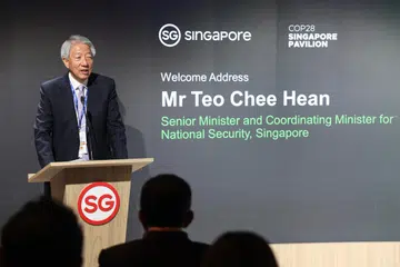 KADAR CUKAI KARBON: Menteri Kanan merangkap Menteri Penyelaras Bagi Keselamatan Negara, Encik Teo Chee Hean, semasa sidang iklim COP28 Pertubuhan Bangsa-Bangsa Bersatu (PBB) di Dubai pada 5 Disember berkata, pemerintah akan mengambil kira kos karbon dan kesan negatif pelepasan karbon sebelum menukar kadar cukai karbon Singapura.