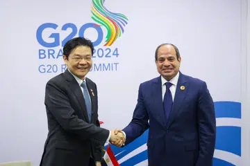 Perdana Menteri, Encik Lawrence Wong (kiri) bertemu dengan Presiden Mesir, Encik Abdel Fattah al-Sisi, di Sidang Puncak Kumpulan 20 (G20) di Rio de Janeiro, Brazil.