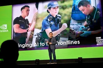 Ketua Pegawai AI Agensi Sains dan Teknologi Home Team (HTX), Encik Ang Chee Wee, berucap semasa persidangan Hari AI Nvidia di Singapura pada 23 September.