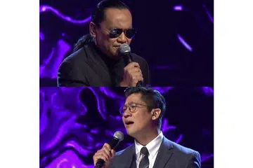 SALAM TERAKHIR: Alumni Gegar Vaganza 3 (GV3), Ameng Spring (atas) dan Zarul Umbrella, mendendangkan lagu Sudirman di segmen penghormatan buat Allahyarham Gmie Screen, rakan finalis mereka yang meninggal dunia Jumaat lalu kerana kebocoran ginjal.