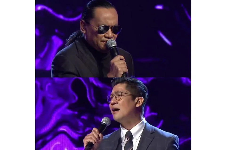 SALAM TERAKHIR: Alumni Gegar Vaganza 3 (GV3), Ameng Spring (atas) dan Zarul Umbrella, mendendangkan lagu Sudirman di segmen penghormatan buat Allahyarham Gmie Screen, rakan finalis mereka yang meninggal dunia Jumaat lalu kerana kebocoran ginjal.