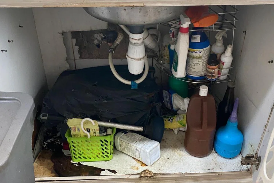 PAIP BOCOR: Paip bocor telah merosakkan kabinet dapur rumah Cik Siti Hazirah Hamid dan ia perlu digantikan sepenuhnya. Keluarga itu membelanjakan $20,000 untuk kerja pembaikan. 