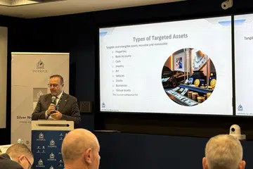 Penyelaras operasi di Pusat Jenayah Kewangan dan Pencegahan Rasuah Interpol, Encik Claudio Marinelli, berucap di satu bengkel Asia-Pasifik pada 26 Ogos.