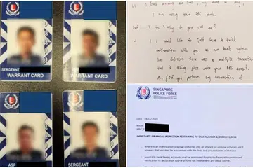 Kad waran palsu Pasukan Polis Singapura (SPF) dan dokumen palsu yang digunakan penipu telah dirampas oleh pihak berkuasa. 
