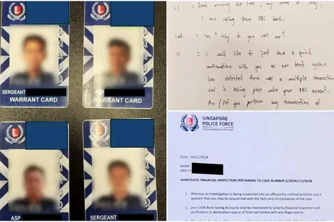 Kad waran palsu Pasukan Polis Singapura (SPF) dan dokumen palsu yang digunakan penipu telah dirampas oleh pihak berkuasa. 