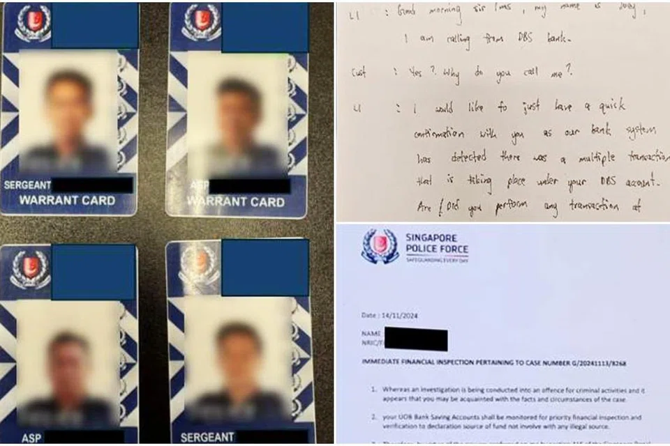 Kad waran palsu Pasukan Polis Singapura (SPF) dan dokumen palsu yang digunakan penipu telah dirampas oleh pihak berkuasa. 