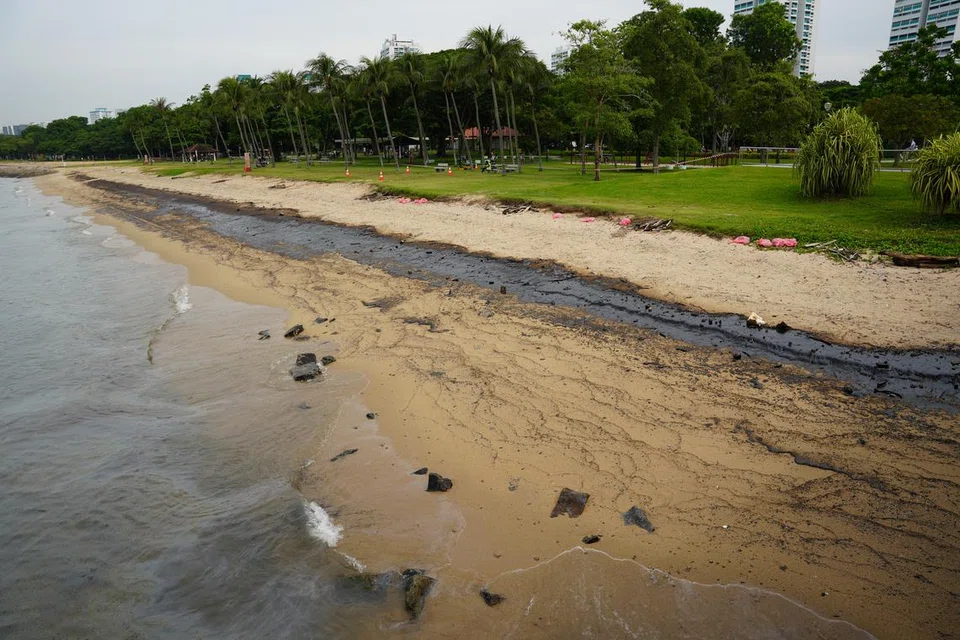 Pasir di pantai East Coast Park kelihatan hitam diselaputi minyak pada 16 Jun.