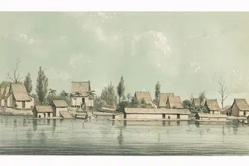 GAMBAR ISTANA: Gambar berjudul 'De Kraton van de Sultan van Banjarmasin aan de Barito' (Istana Sultan Banjarmasin di Sungai Barito). - Foto MHC