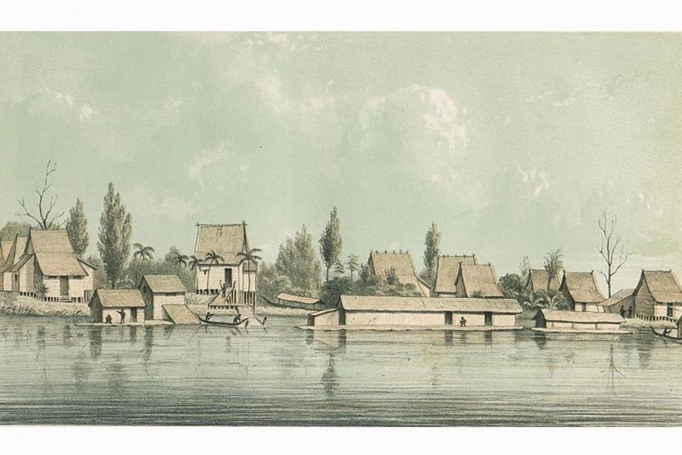 GAMBAR ISTANA: Gambar berjudul 'De Kraton van de Sultan van Banjarmasin aan de Barito' (Istana Sultan Banjarmasin di Sungai Barito). - Foto MHC