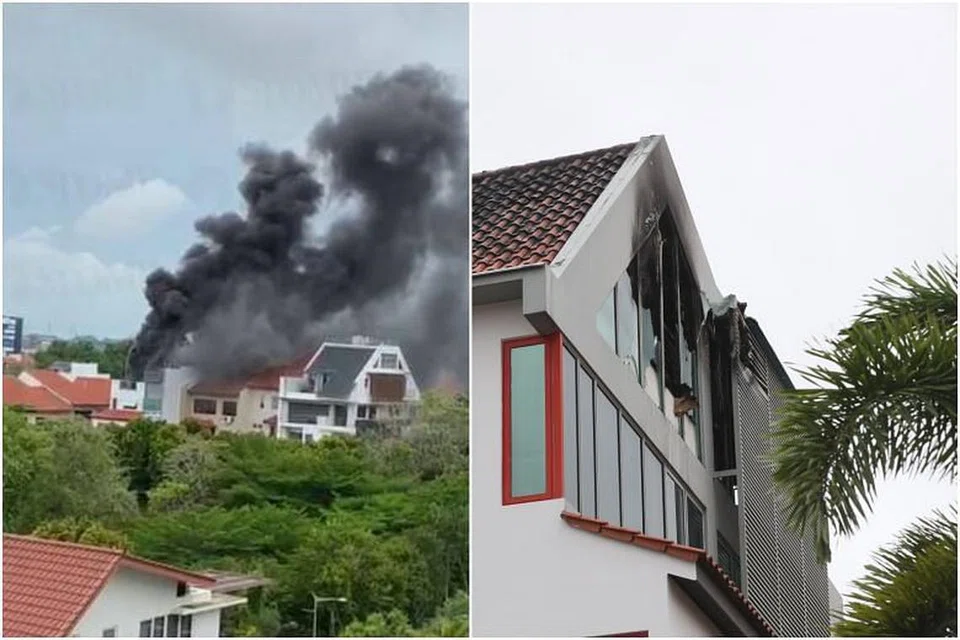 Kepulan asap dilihat dari bumbung rumah yang terbakar kelmarin. FOTO: LIANHE WANBAO, LIANHE ZAOBAO