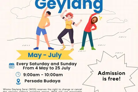 Gerak-Gerak Geylang mengajak anda kekal aktif setiap hujung minggu menerusi sesi ‘EasiRobics’ bersama jurulatih Wan pada Sabtu dan Zumba bertenaga bersama jurulatih Liz pada Ahad, dari 4 Mei hingga 25 Julai di Wisma Geylang Serai.