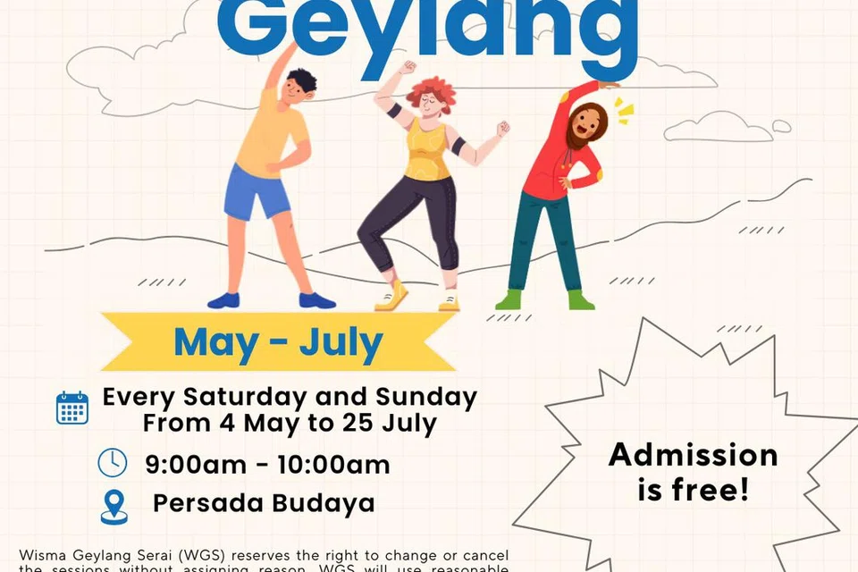 Gerak-Gerak Geylang mengajak anda kekal aktif setiap hujung minggu menerusi sesi ‘EasiRobics’ bersama jurulatih Wan pada Sabtu dan Zumba bertenaga bersama jurulatih Liz pada Ahad, dari 4 Mei hingga 25 Julai di Wisma Geylang Serai.