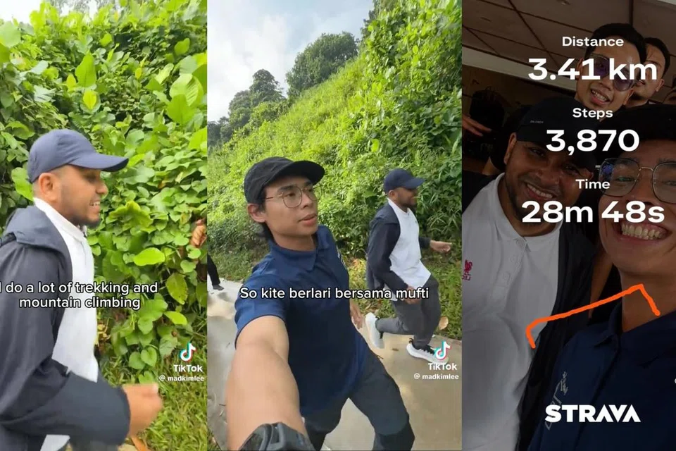 Pegawai Pendekatan Masyarakat Digital dari Masjid Al-Istighfar, Encik Muhammad Hakim Roslee, serta MRO lain berlari bersama Mufti Dr Nazirudin Mohd Nasir sepanjang Kolam Air Lower Seletar semasa Rahat Dwitahunan MRO 2025 pada 9 Julai.
