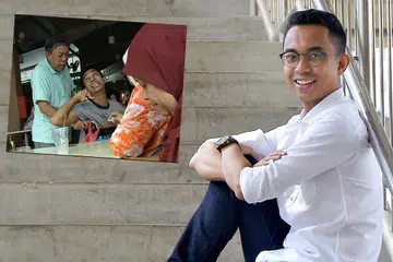 BAWA KEPUASAN: Bidang lakonan bermula sebagai satu hobi bagi pelakon dan pengacara Shahril Wahid tetapi beliau terus meminatinya kerana mendapat kepuasan menghidupkan pelbagai watak. Gambar sisipan semasa beliau memainkan peranan anak yang menghidap palsi serebral dalam drama 'Gerimis Di Hati'. - Foto KHALID BABA