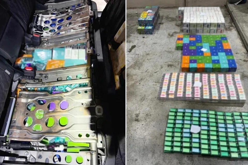 Gambar yang dimuat naik di laman Facebook ICA menunjukkan rokok elektronik dan komponen berkaitan disorok di dalam but kereta serta di bawah tempat duduk belakang.