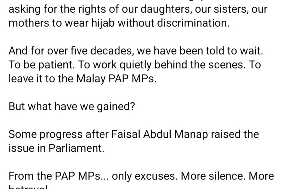 Encik Zulfikar Mohamad Shariff, dalam satu hantaran Facebooknya, berkata masyarakat Islam Singapura tidak memerlukan seorang lagi Anggota Parlimen (AP) yang tidak mewakili pandangan mereka. Hantaran tersebut telah dipadamkan.