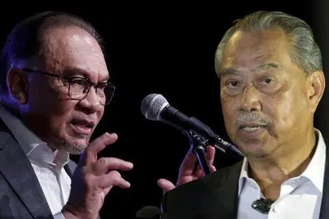 Perdana Menteri Malaysia, Datuk Seri Anwar Ibrahim (kiri) dan Presiden Parti Pribumi Bersatu Malaysia (Bersatu), Tan Sri Muhyiddin Yassin.
