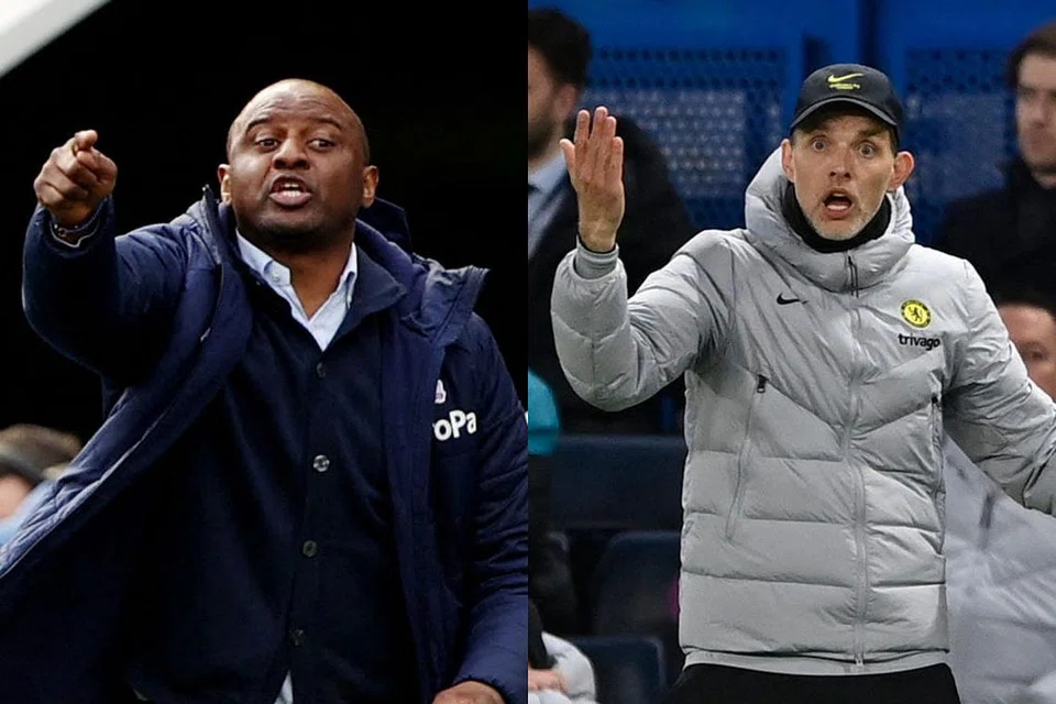 Patrick Viera (kiri), pengurus Crystal Palace dan Thomas Tuchel (kanan), pengurus Chelsea. - Foto fail