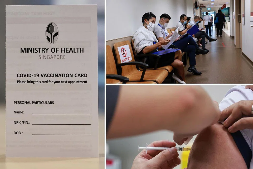 PROSES TERATUR: Kakitangan penjagaan kesihatan perlu melalui beberapa proses sebelum diberi vaksin Covid-19 termasuk (dari gambar kiri, ikut putaran jam) mengisi borang dan menjawab beberapa soalan untuk mengesahkan mereka layak menerima vaksin tersebut. Mereka yang layak akan disuntik di lengan dan menerima kad vaksinasi. - Foto-Foto BH oleh KEVIN LIM