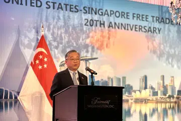 Menteri Perdagangan dan Perusahaan, Encik Gan Kim Yong, menyampaikan ucapan dalam majlis memperingati ulang tahun ke-20 Perjanjian Perdagangan Bebas Amerika Syarikat-Singapura (USSFTA) di Washington, pada 29 April.
