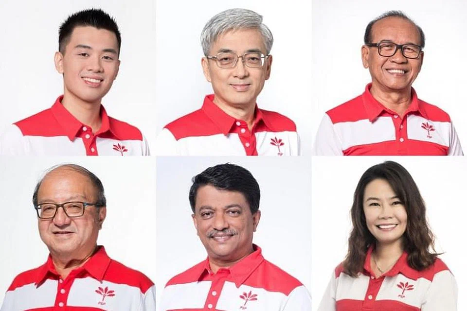Enam lagi calon Parti Kemajuan Singapura (PSP) yang diumumkan ialah (mengikut putaran jam dari kiri) Encik Choo Shaun Ming, Dr Tan Meng Wah, Encik Abas Kasmani, Cik Kayla Low, Encik Harish Pillay dan Dr Ang Yong Guan. 