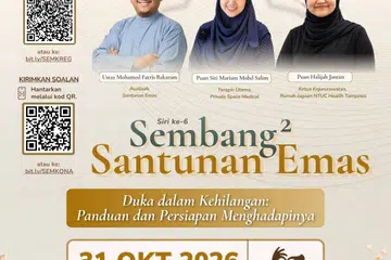 Dalam sesi kali ini yang berjudul Duka dan Kehilangan: Bagaimana Kita Menghadapinya, mantan Mufti, Ustaz Mohamed Fatris Bakaram bersama Puan Siti Mariam Mohd Salim (Terapis Utama, Private Space Medical) dan Puan Halijah Jantan (Ketua Kejururawatan, Rumah Jagaan NTUC Health Tampines), akan membincangkan cara memahami, mengurus dan menghadapi proses kehilangan serta kesedihan daripada sudut perubatan, sosial dan kerohanian.