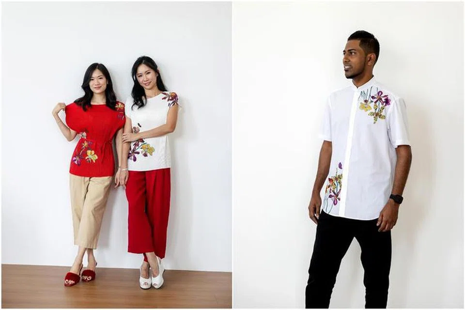 Blaus wanita ($259 hingga $289) dan kemeja lelaki ($180), rekaan Phuay Li Ying daripada World of Ying, dihiasi sulaman anggerik daripada mural, ‘Harmony In Bloom’, menonjolkan unsur seni dan budaya. 