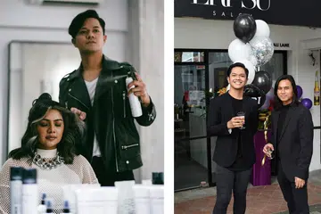 (Gambar kiri) KREATIF: Penata gaya rambut Eri Su sudah mempunyai ramai pengikut di media sosial kerana berpengalaman lebih 14 tahun dalam bidang seni kecantikan rambut dan bekerja dengan selebriti antarabangsa. (Gambar kanan) GABUNG BAKAT: Jai Wahab (kanan) bersama Eri Su dalam pelancaran salun Eri Su di Bali Lane pada awal Julai lalu. - Foto-foto ERI SU