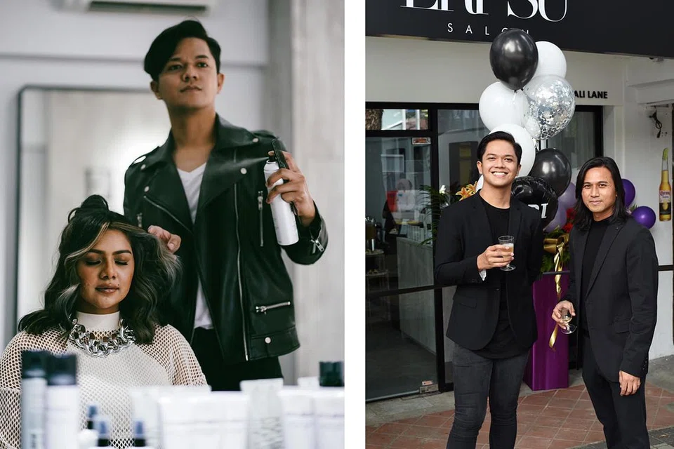 (Gambar kiri) KREATIF: Penata gaya rambut Eri Su sudah mempunyai ramai pengikut di media sosial kerana berpengalaman lebih 14 tahun dalam bidang seni kecantikan rambut dan bekerja dengan selebriti antarabangsa. (Gambar kanan) GABUNG BAKAT: Jai Wahab (kanan) bersama Eri Su dalam pelancaran salun Eri Su di Bali Lane pada awal Julai lalu. - Foto-foto ERI SU
