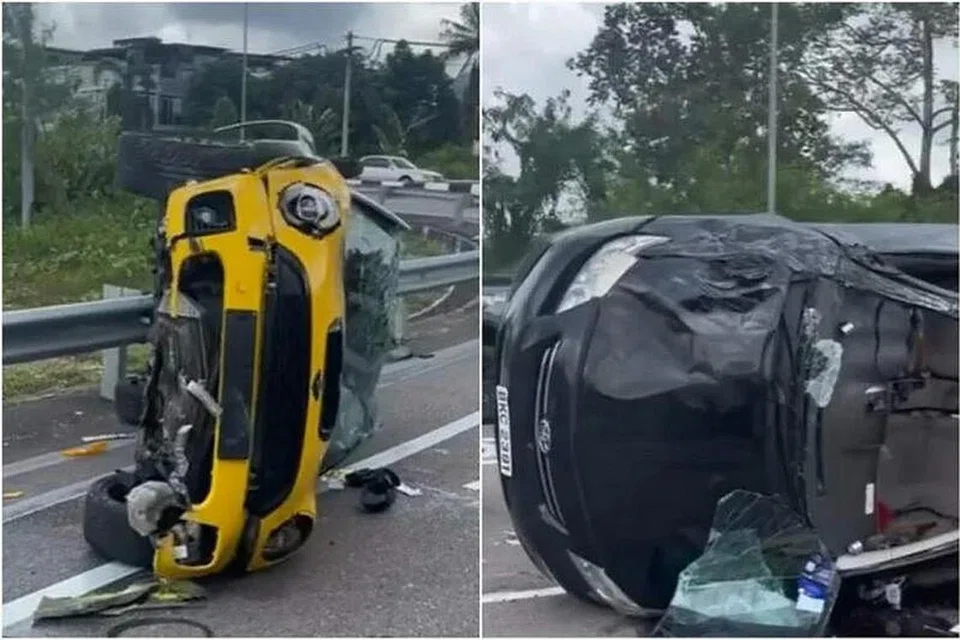 HAMPIR MAUT: Kereta kuning Mini Cooper, telah merempuh kereta Toyota di persimpangan jalan di Jalan Yap Tau Sah di Kluang, Johor. - Foto TANGKAP LAYAR FACEBOOK SG ROAD VIGILANTE