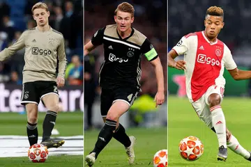 TIGA YANG TERBAIK: (Dari kiri) Sedang Frenkie de Jong sudah pun bersetuju berpindah ke Barcelona pada musim panas ini, dua rakannya musim ini di Ajax termasuk kapten muda Matthijs de Ligt dan pemain penyerang berbakat asal Brazil, David Neres, turut menarik perhatian beberapa kelab terbesar Eropah lain termasuk kelab-kelab Liga Perdana England. - Foto-foto AFP, REUTERS
