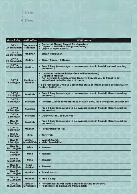 Jadual perjalanan dengan tarikh dan susunan atau perancangan perjalanan, yang merangkumi masa, tempat yang akan dilawati di Makkah dan Madinah serta aktiviti yang akan dijalankan sepanjang perjalanan musim haji 2025 telah disiapkan oleh salah satu ejen haji ‘VIP’.