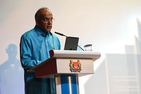 Menteri Ehwal Dalam Negeri merangkap Undang-Undang, Encik K Shanmugam, semasa majlis penyampaian Anugerah Menteri 2024 di Akademi Home Team pada 22 Oktober 2024.