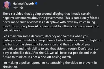 Mantan Presiden, Puan Halimah Yacob, merancang membuat laporan polis selepas tersebarnya satu video mendakwa beliau membuat kenyataan negatif terhadap pemerintah.