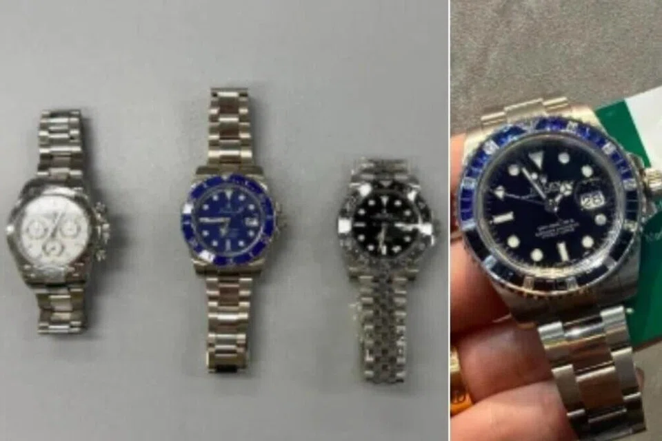 Warga Italy, Singh Deepak, cuba menipu seorang peruncit dengan menukar jam tangannya yang disangka palsu (kanan) dengan tiga jam Rolex tulen (kiri).